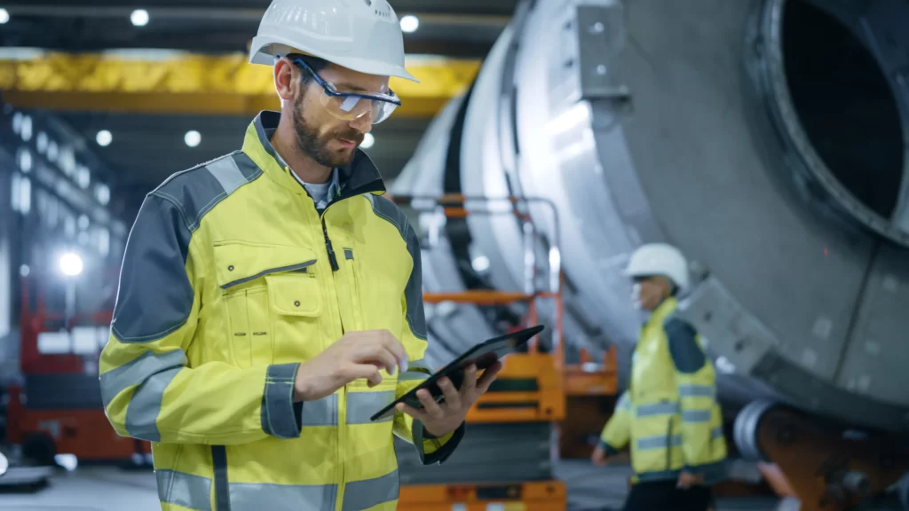 worker with hardhat-working on tablet